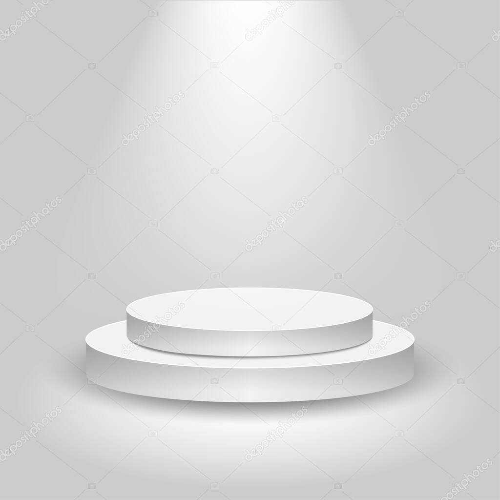 Realistic contest stage, empty white podium, place for product placement for presentation, winner podium or stage on gray background, vector