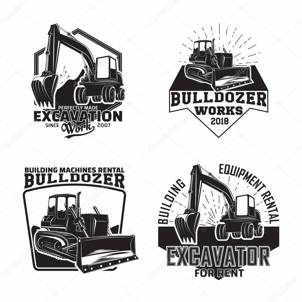 Set of Excavation work emblems design, emblems of bulldozer or building machine rental organisation print stamps, constructing equipment, Heavy bulldozer machine typographyv emblems, Vector