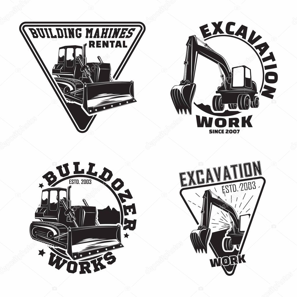 Set of Excavation work emblems design, emblems of bulldozer or building machine rental organisation print stamps, constructing equipment, Heavy bulldozer machine typographyv emblems, Vector