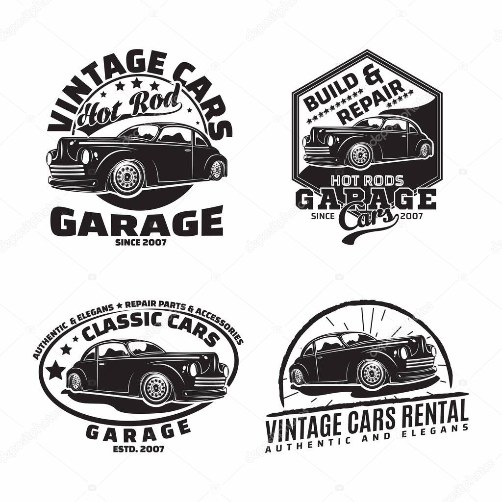 Set of Hot Rod garage logo designs, emblems of muscle car repair and service organisation, retro car garage print stamps, hot rod typography emblems, Vector