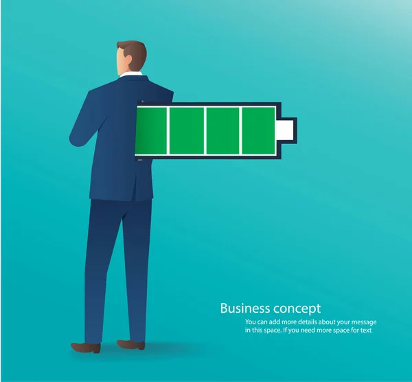 バッテリのベクトル図と立っている実業家のビジネス コンセプト — ストックベクタ