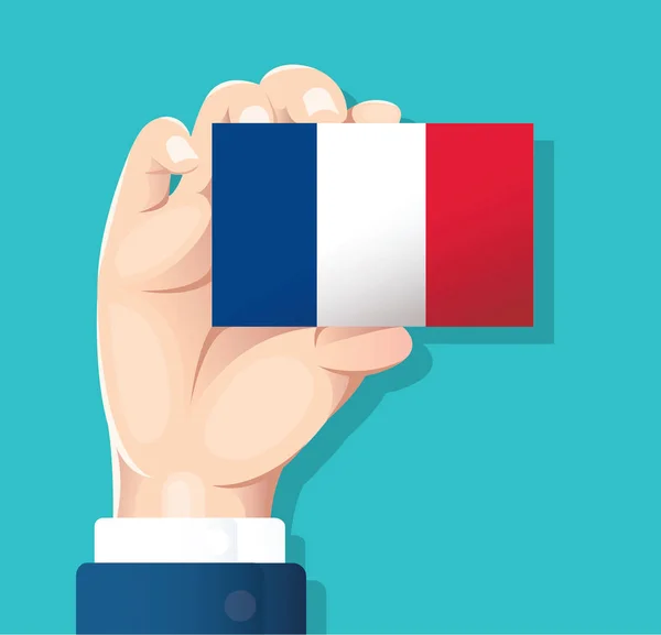 Mão Segurando Cartão Bandeira França Com Fundo Azul Ilustração Vetorial —  Vetores de Stock