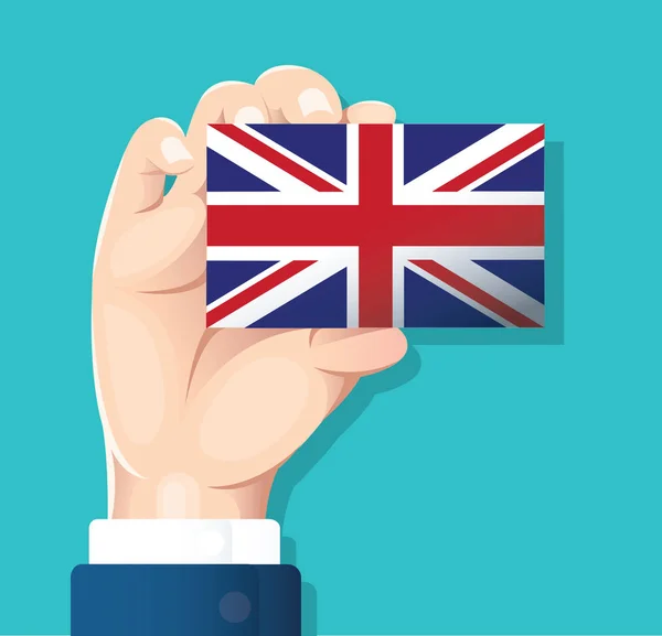 Mano Que Sostiene Tarjeta Bandera Inglaterra Con Fondo Azul Ilustración — Vector de stock