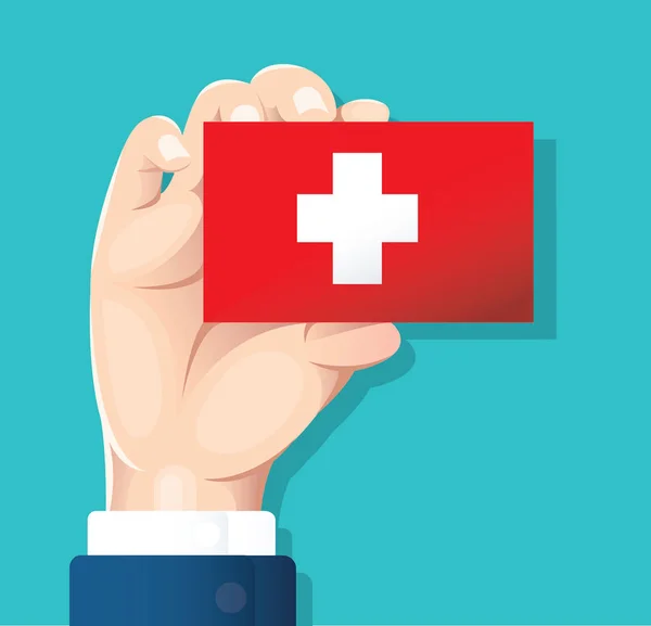 Tangan Memegang Swiss Kartu Bendera Dengan Latar Belakang Biru Gambar - Stok Vektor