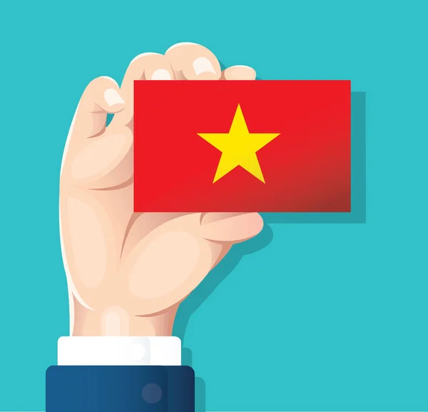 Hand Som Håller Vietnam Flagga Kort Med Blå Bakgrund Vektor — Stock vektor