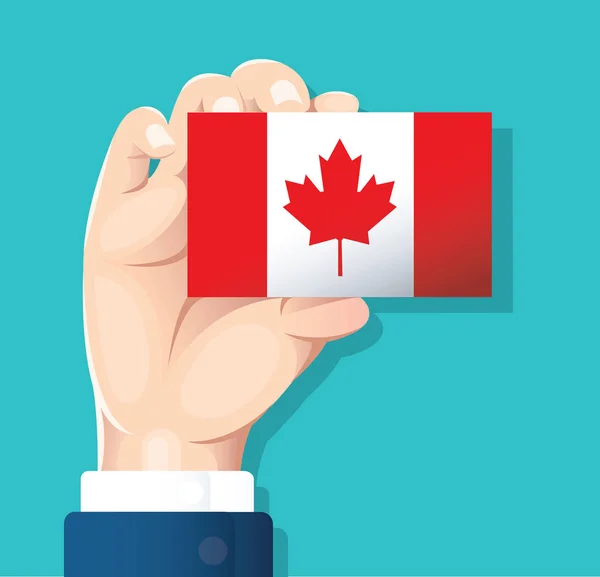 Mano Sosteniendo Tarjeta Bandera Canadá Con Fondo Azul Ilustración Vectorial — Archivo Imágenes Vectoriales