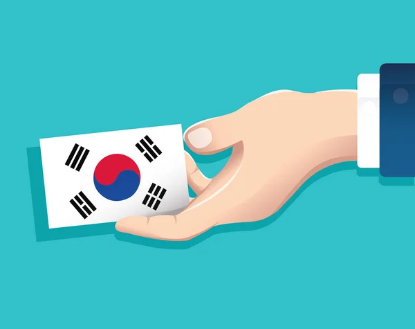 Main Tenant Carte Drapeau Corée Sud Avec Fond Bleu Illustration — Image vectorielle