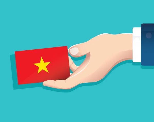 Hand Som Håller Vietnam Flagga Kort Med Blå Bakgrund Vektor — Stock vektor
