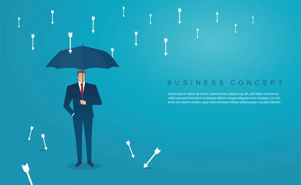 Homme Affaires Utiliser Parapluie Pour Protéger Flèche Vers Bas Illustration — Image vectorielle