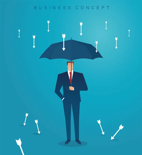 Homme Affaires Utiliser Parapluie Pour Protéger Flèche Vers Bas Illustration — Image vectorielle