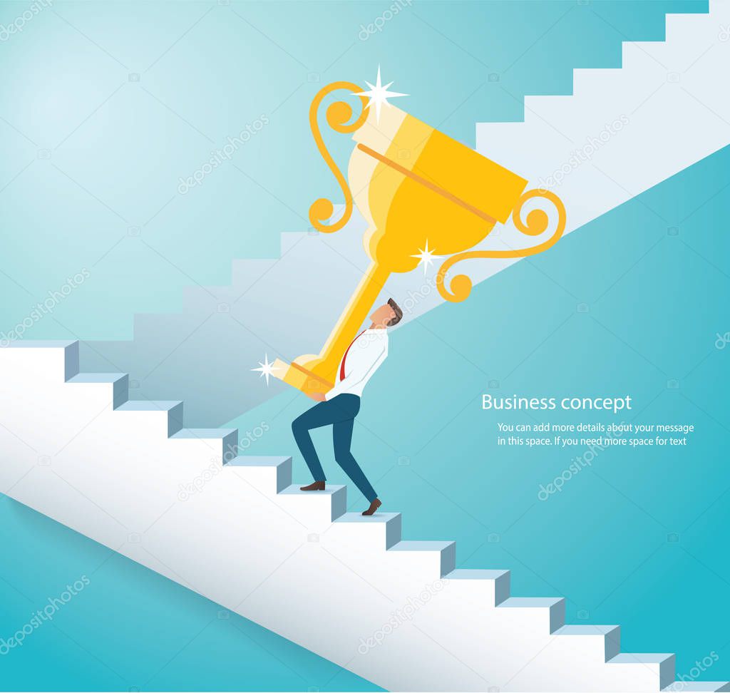 man holding the gold trophy climbing  stairs to success vector illustration eps10