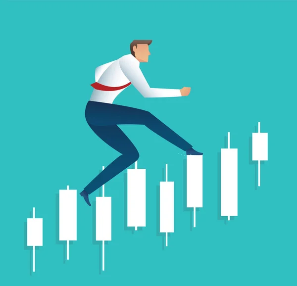 Geschäftsmann Läuft Mit Kerzenständer Charthintergrund Konzept Des Aktienmarktes Vektorillustration — Stockvektor