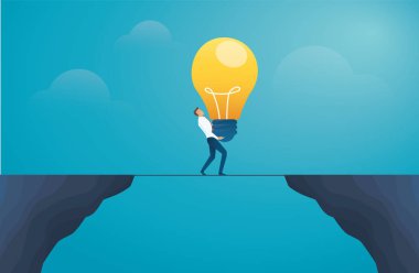 elinde ampul ve dağın karşısına geçen işadamı. ceative kavram vektör illüstrasyon Eps10