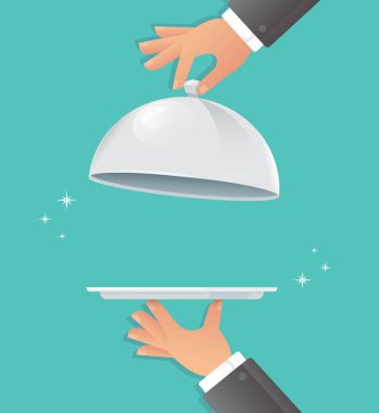 Gümüş cloche ile garson elleri. Gıda servis vektör illüstrasyon Eps10