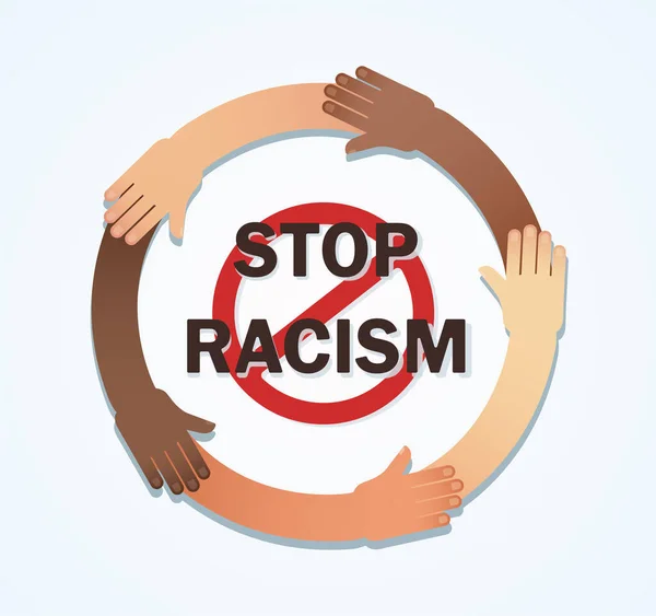 Wiele Rąk Różnych Ras Razem Kręgu Skończ Rasizmem — Wektor stockowy