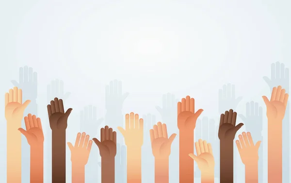 Mensen Hieven Handen Verschillende Huidskleur Vector Stemmen Democratie Vrijwilligerswerk — Stockvector