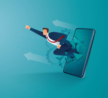 İş adamı mobil ekranını başarılı vektör illüstrasyonuna çevirdi