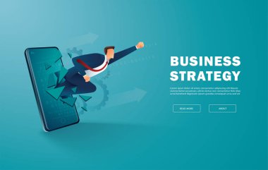 İş adamı mobil ekranını başarılı vektör illüstrasyonuna çevirdi