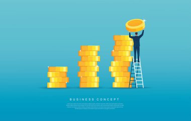 Adam madeni para yığınına para koyuyor. İş ve finans kavramı. vektör illüstrasyonu