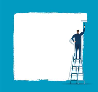 Adam beyaz duvar kağıdı boyadı. Metin ve mavi arkaplan vektör çizimi için boşluk
