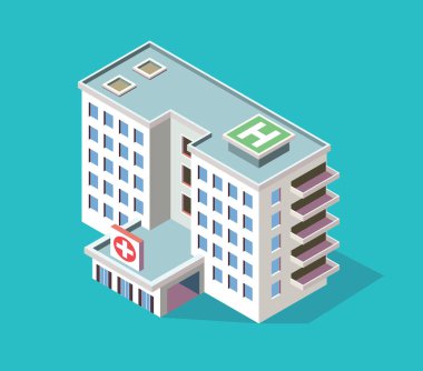 İzometrik hastane inşa vektör çizimi