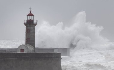 Portekiz, Oporto 'daki Felgueiras Deniz Feneri' nde 10 Metre Büyük Dalgalar.