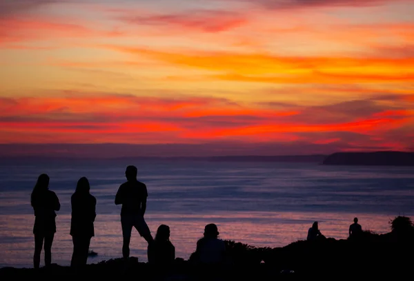Bir grup arkadaş Ponta da Piedade, Lagos, Algarve, Portekiz 'de gün batımında içiyorlar..