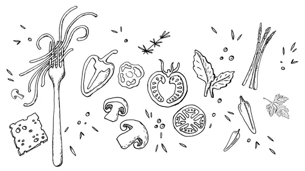 フォーク イタリアン パスタと野菜スケッチ スタイルのベクトル図 — ストックベクタ