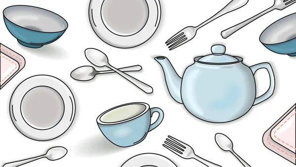 Illustration Vectorielle Avec Des Articles Vaisselle Tasse Assiette Bol Théière — Image vectorielle