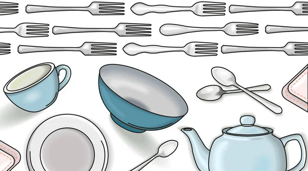 Illustrazione Vettoriale Con Oggetti Stoviglie Tazza Piatto Ciotola Teiera Cucchiaio — Vettoriale Stock