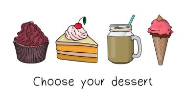 Vektör çizimi tatlılar: kek, pasta, güler yüzlü, dondurma