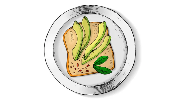 Vektorillustration Avocado Toast Skiss Stil — Stock vektor