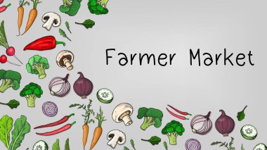 Vektör illüstrasyon çiftçi pazar şablon kroki tarzı ile: salatası, havuç, turp, brokoli, domates, salatalık, biber, soğan, mantar