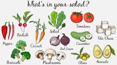 Vektör çizimi salata menü şablonu kara tahta stili: salatası, havuç, turp, brokoli, domates, salatalık, biber, soğan, mantar, beyaz peynir, zeytin, avokado