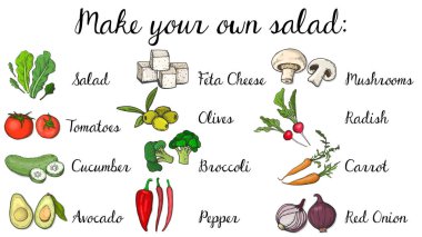 Vektör salata menüsünden şablon çizimi: salatası, havuç, turp, brokoli, domates, salatalık, biber, soğan, mantar, beyaz peynir, zeytin, avokado