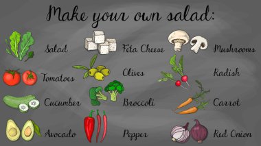 Vektör çizimi salata menü şablonu kara tahta stili: salatası, havuç, turp, brokoli, domates, salatalık, biber, soğan, mantar, beyaz peynir, zeytin, avokado