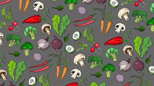 Vektoros Illusztráció Zöldség Mintával Saláta Sárgarépa Retek Brokkoli Paradicsom Uborka — Stock Vector