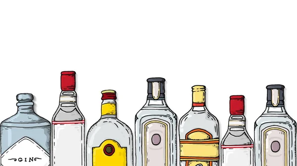 Vektorillustration Med Gin Flaskor Samling Skiss Stil — Stock vektor