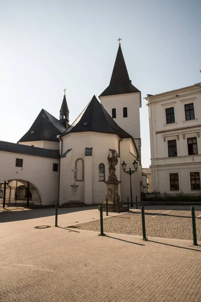 Kostel Povyseni Eglise Krize Avec Statue Florian Derrière Dans Ville — Photo