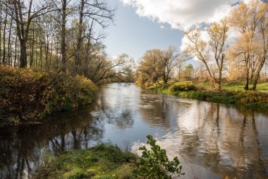 Stonavka ve Olse nehir kolu Çek Cumhuriyeti Karvına şehirde mavi gökyüzü ve bulutlar ile sonbahar günü sırasında renkli ağaçlar ile