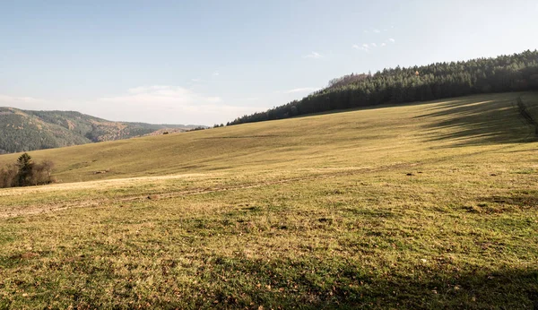 Slovakya dağlarında Javorniky mavi gökyüzü ile güzel sonbahar günü sırasında küçük tepeler ile çayır