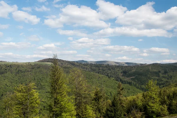 Springtime Beskid Slaski mountains from view tower on Stary Gron hill above Brenna village in Poland — Stock Photo, Image