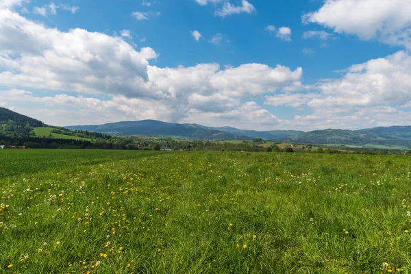 チェコ共和国のJablunkov町の美しい周辺には 青い空と雲と春の日の間に田園風景や丘があります — ストック写真