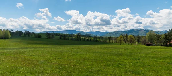 Beautiful Springtime Landscape Scenery Tranovice Village Meadows Tress Hills Moravskoslezske — Stock Photo, Image