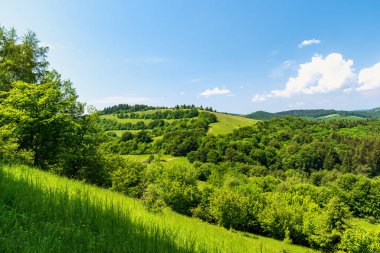 Slovakya 'nın Vrsatske Podhradie köyü yakınlarındaki güzel baharlı Biele Karpaty dağları. Tepeleri çayırlarla, ormanlarla ve az bulutla kaplı mavi gökyüzüyle kaplı.