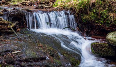 Çek Cumhuriyeti 'nin Jeseniky dağlarındaki Branna köyünün yukarısındaki Hucava nehrinde taşlı çağlayanlar