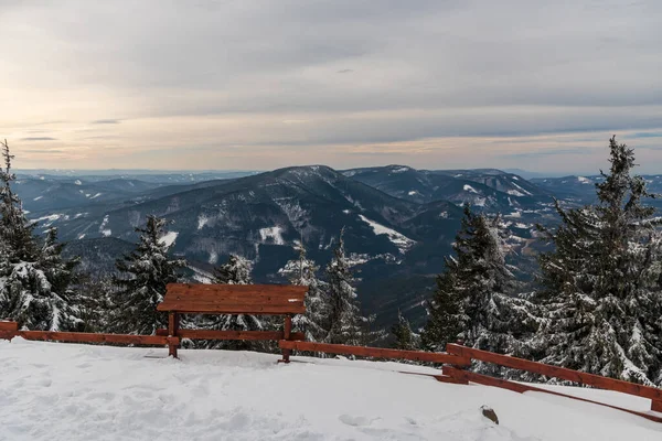 Radhost, Knehyne, Smrk and many other hills  from Lysa hora hill in winter Moravskoslezske Beskydy mountains in Czech republic