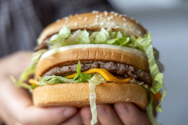 İki eliyle hamburger kapmak