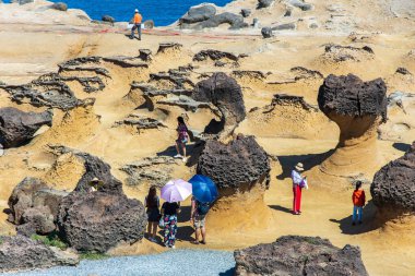 Yehliu Geopark'a bakan turistler, Yeni Taipei City, Tayvan, Ağu 22,2019