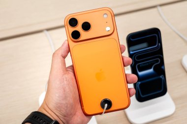 Hand holding a new iPhone 17 Pro Max in a Store.